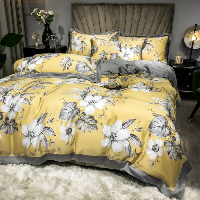 91家纺网 家纺一手货源 找家纺 朵美 2021新款60天丝数码印花夏被四件套 米卢黄