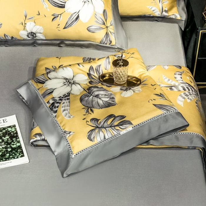 91家纺网 家纺一手货源 找家纺 朵美 2021新款60天丝数码印花夏被四件套 米卢黄