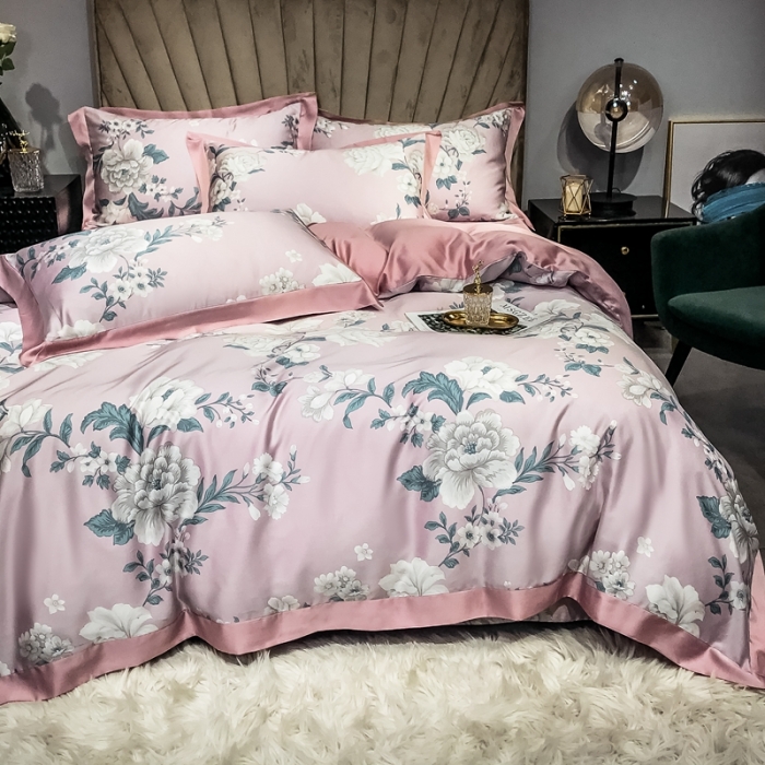 91家纺网 家纺一手货源 找家纺 朵美 2021新款60天丝数码印花夏被四件套 慕恋粉