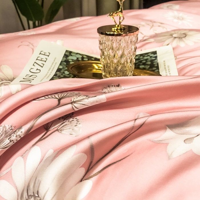 91家纺网 家纺一手货源 找家纺 朵美 2021新款60天丝数码印花夏被四件套 霓裳蝶舞咖