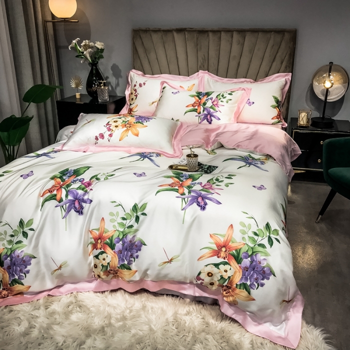 91家纺网 家纺一手货源 找家纺 朵美 2021新款60天丝数码印花夏被四件套 清新百合