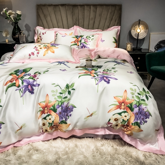 91家纺网 家纺一手货源 找家纺 朵美 2021新款60天丝数码印花夏被四件套 清新百合