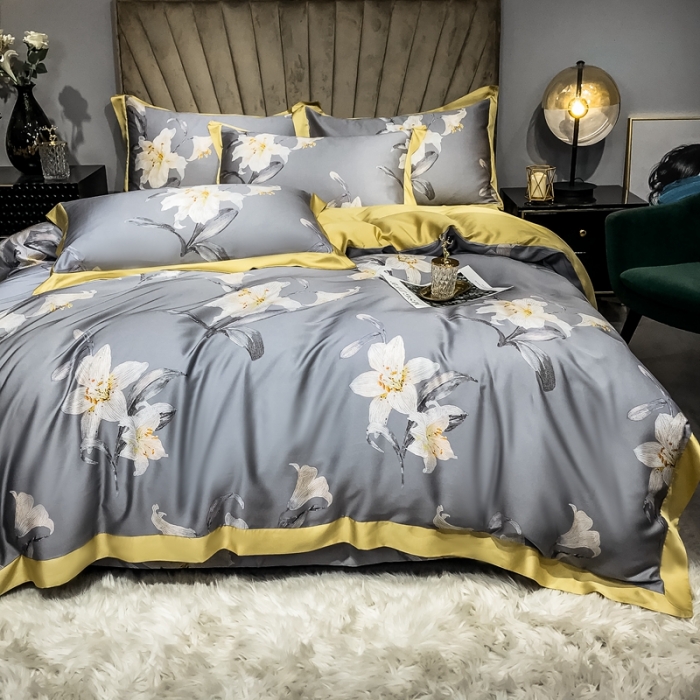 91家纺网 家纺一手货源 找家纺 朵美 2021新款60天丝数码印花夏被四件套 温妮灰