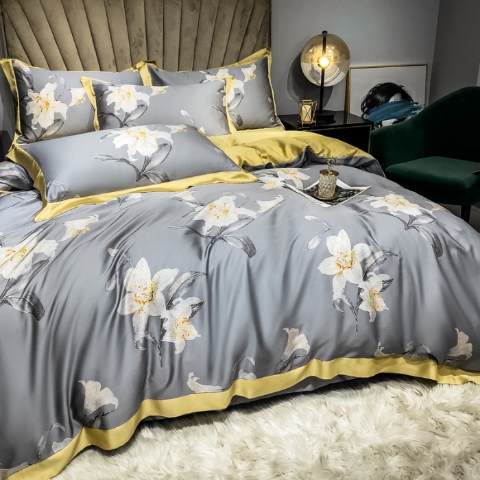 91家纺网 家纺一手货源 找家纺 朵美 2021新款60天丝数码印花夏被四件套 温妮灰