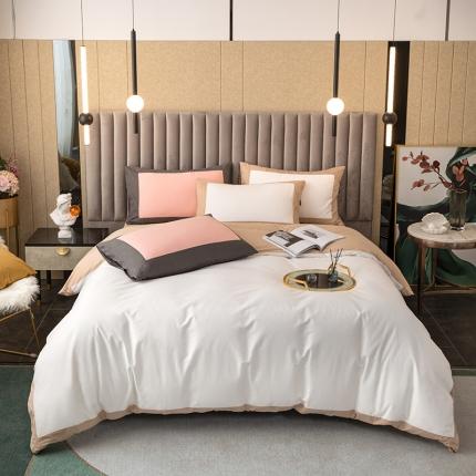 91家纺网 家纺一手货源 找家纺 优宜家纺织 2023新款纯棉纯色双拼四件套 米白拼浅驼