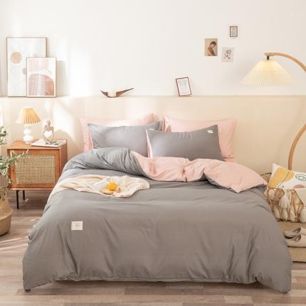 91家纺网 家纺一手货源 找家纺 优宜家 2023新款磨毛双拼四件套 银灰+浅粉