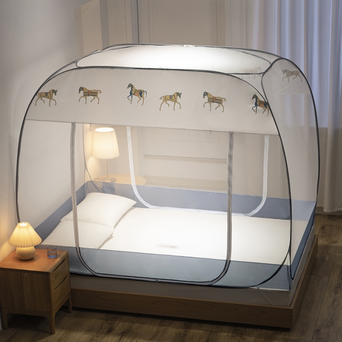 91家纺网 家纺一手货源 找家纺 免安装坐床蚊帐U型拉链宽顶魔术蚊帐儿童防摔防蚊加高蒙古包 宝马-灰