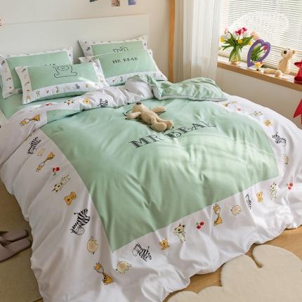 91家纺网 家纺一手货源 找家纺 花伞 2021新款卡通立体熊数码印花锦棉四件套 立体熊-绿