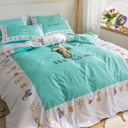 91家纺网 家纺一手货源 找家纺 花伞 2021新款卡通立体熊数码印花锦棉四件套 立体熊-蓝