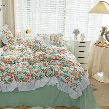 91家纺网 家纺一手货源 找家纺 花伞 2021新款韩版小清新格子碎花锦棉四件套 萌芽-橘