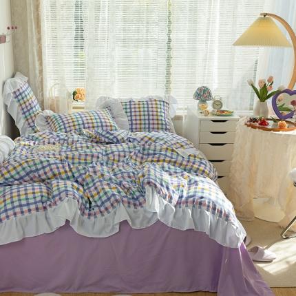 91家纺网 家纺一手货源 找家纺 花伞 2021新款韩版小清新格子碎花锦棉四件套 紫条格