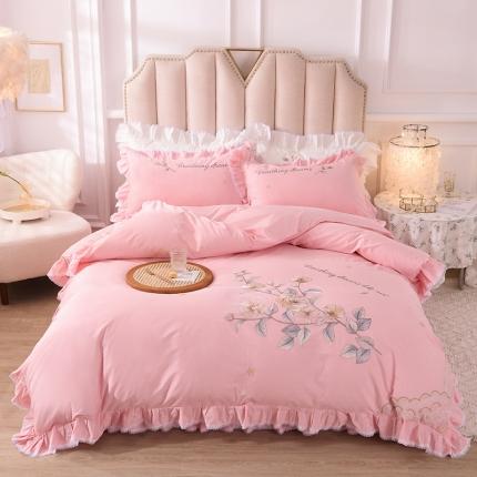 91家纺网 家纺一手货源 找家纺 迪欧芙 2023新款纯棉全棉喷气13372公主风素锦系列四件套粉色