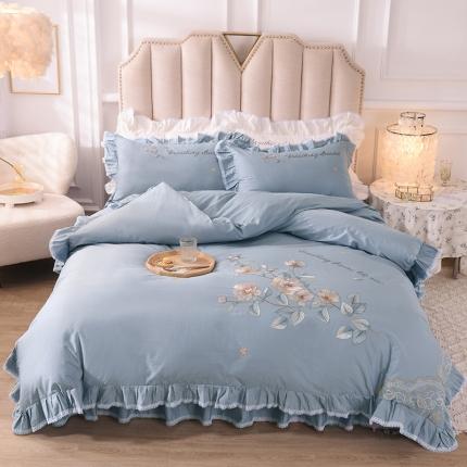 91家纺网 家纺一手货源 找家纺 迪欧芙 2023新款纯棉全棉喷气13372公主风素锦系列四件套蓝色