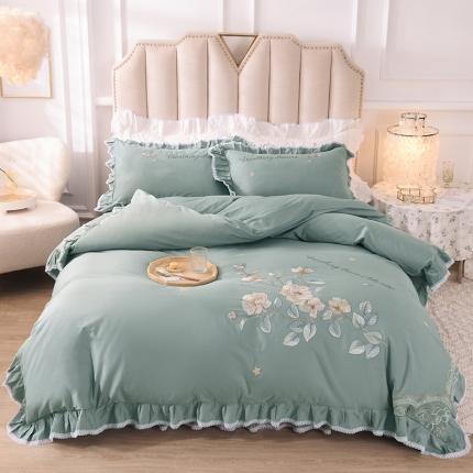 迪欧芙 2023新款纯棉全棉喷气13372公主风素锦系列四件套绿色