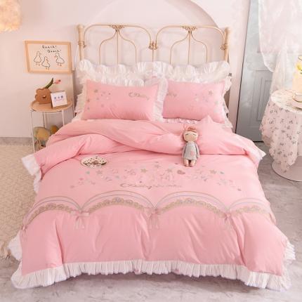 91家纺网 家纺一手货源 找家纺 迪欧芙 2023新款纯棉全棉喷气13372公主风星月系列四件套粉色