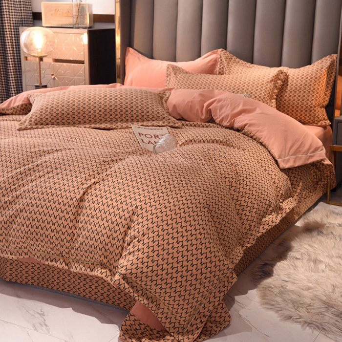 91家纺网 家纺一手货源 找家纺 绒世界 2021新款水洗棉印花千鸟格四件套 稻草黄