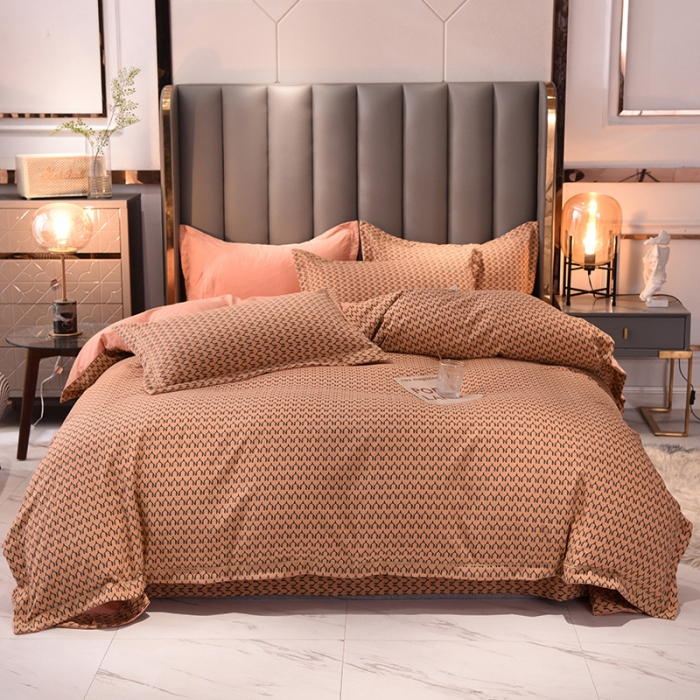 91家纺网 家纺一手货源 找家纺 绒世界 2021新款水洗棉印花千鸟格四件套 稻草黄