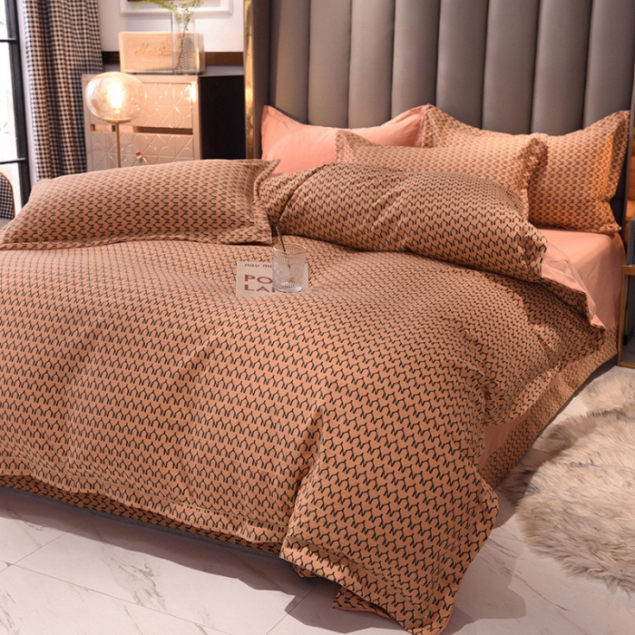 91家纺网 家纺一手货源 找家纺 绒世界 2021新款水洗棉印花千鸟格四件套 稻草黄