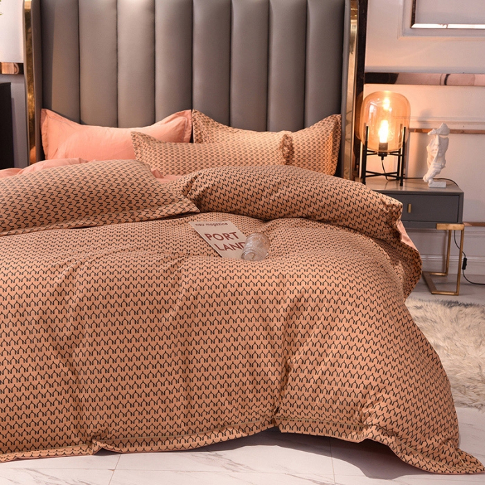 91家纺网 家纺一手货源 找家纺 绒世界 2021新款水洗棉印花千鸟格四件套 稻草黄