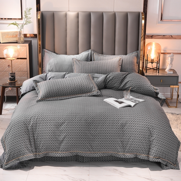 91家纺网 家纺一手货源 找家纺 绒世界 2021新款水洗棉印花千鸟格四件套 高级灰