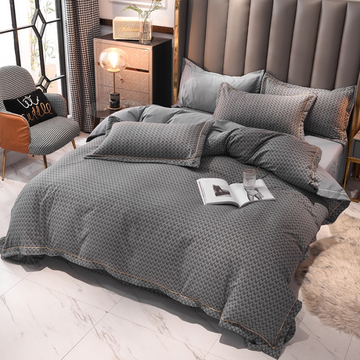 91家纺网 家纺一手货源 找家纺 绒世界 2021新款水洗棉印花千鸟格四件套 高级灰