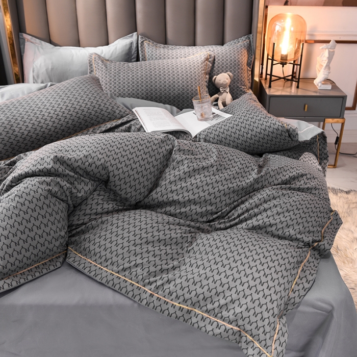 91家纺网 家纺一手货源 找家纺 绒世界 2021新款水洗棉印花千鸟格四件套 高级灰