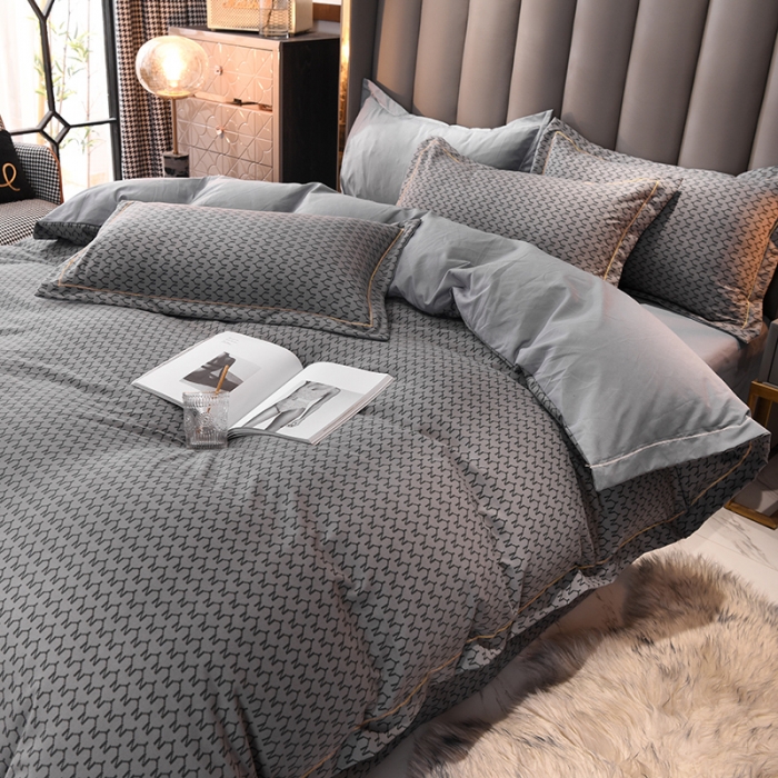 91家纺网 家纺一手货源 找家纺 绒世界 2021新款水洗棉印花千鸟格四件套 高级灰