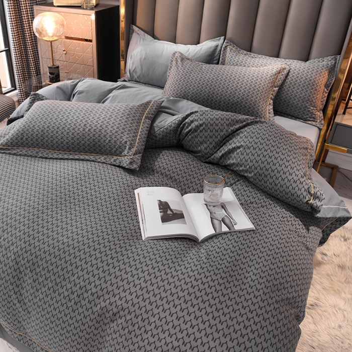 91家纺网 家纺一手货源 找家纺 绒世界 2021新款水洗棉印花千鸟格四件套 高级灰