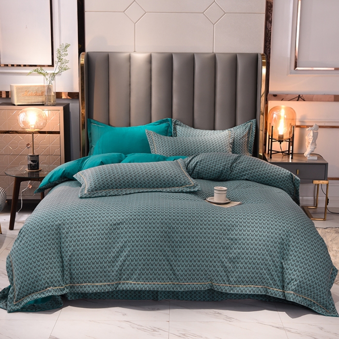 91家纺网 家纺一手货源 找家纺 绒世界 2021新款水洗棉印花千鸟格四件套 孔雀蓝