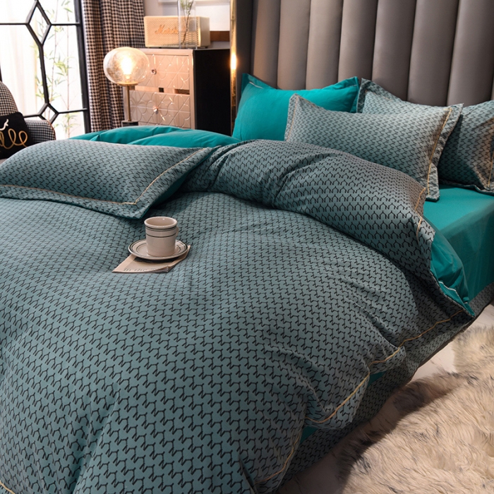 91家纺网 家纺一手货源 找家纺 绒世界 2021新款水洗棉印花千鸟格四件套 孔雀蓝