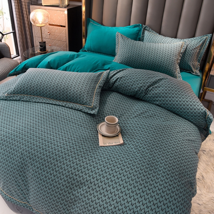 91家纺网 家纺一手货源 找家纺 绒世界 2021新款水洗棉印花千鸟格四件套 孔雀蓝