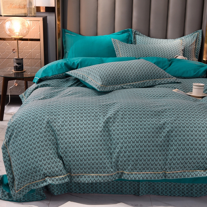 91家纺网 家纺一手货源 找家纺 绒世界 2021新款水洗棉印花千鸟格四件套 孔雀蓝