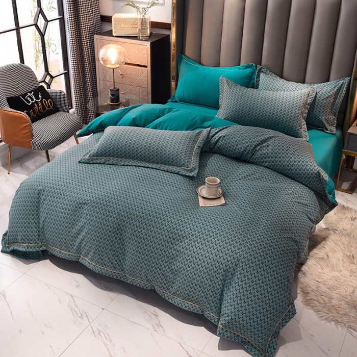 91家纺网 家纺一手货源 找家纺 绒世界 2021新款水洗棉印花千鸟格四件套 孔雀蓝