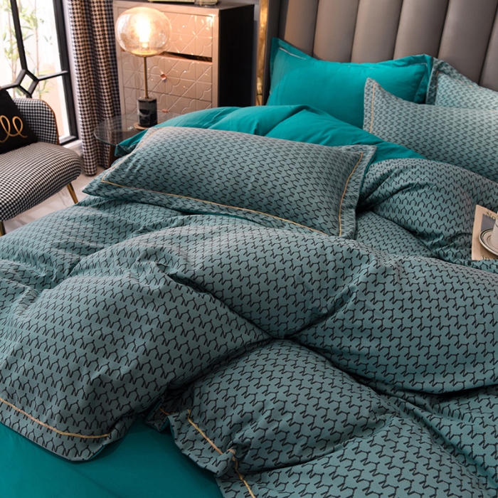 91家纺网 家纺一手货源 找家纺 绒世界 2021新款水洗棉印花千鸟格四件套 孔雀蓝