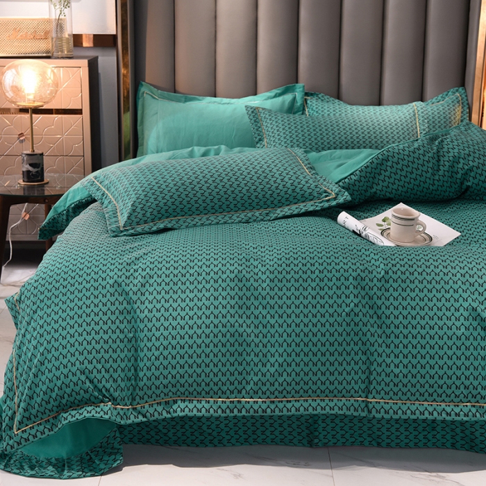 91家纺网 家纺一手货源 找家纺 绒世界 2021新款水洗棉印花千鸟格四件套 松石绿