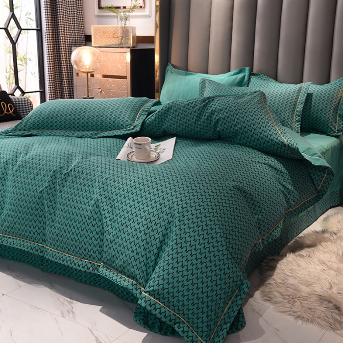 91家纺网 家纺一手货源 找家纺 绒世界 2021新款水洗棉印花千鸟格四件套 松石绿