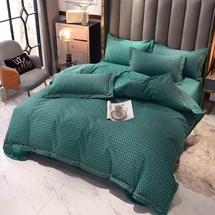 91家纺网 家纺一手货源 找家纺 绒世界 2021新款水洗棉印花千鸟格四件套 松石绿