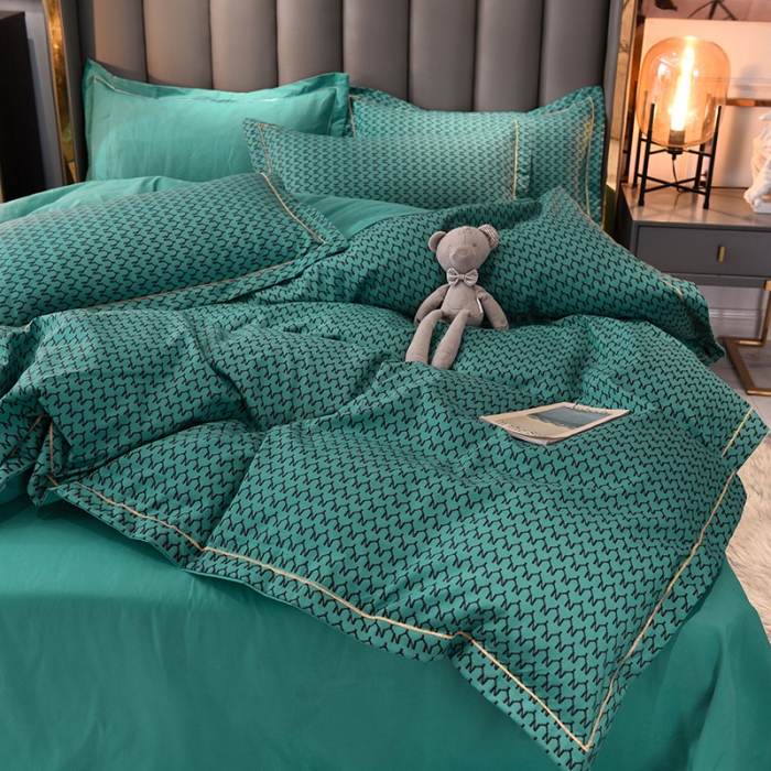 91家纺网 家纺一手货源 找家纺 绒世界 2021新款水洗棉印花千鸟格四件套 松石绿