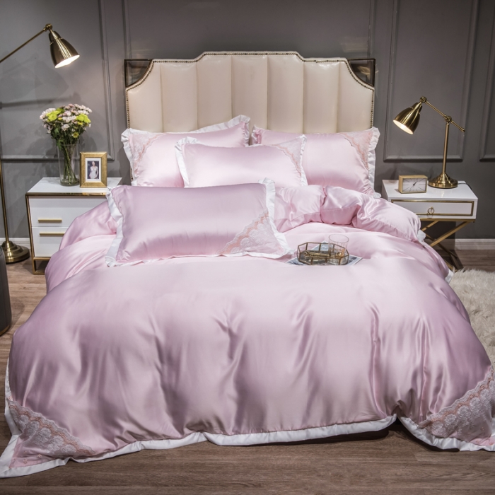 91家纺网 家纺一手货源 找家纺 绒世界 2021新款水洗真丝公主四件套 粉红色