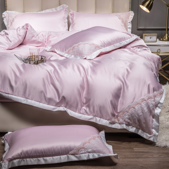 91家纺网 家纺一手货源 找家纺 绒世界 2021新款水洗真丝公主四件套 粉红色