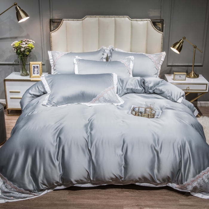 91家纺网 家纺一手货源 找家纺 绒世界 2021新款水洗真丝公主四件套 高级灰