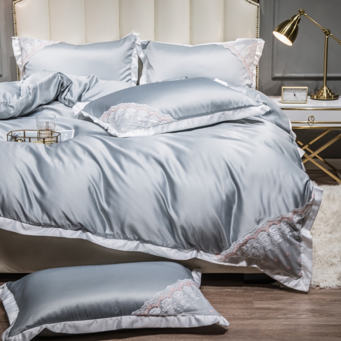 91家纺网 家纺一手货源 找家纺 绒世界 2021新款水洗真丝公主四件套 高级灰