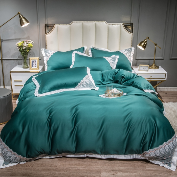 91家纺网 家纺一手货源 找家纺 绒世界 2021新款水洗真丝公主四件套 孔雀绿