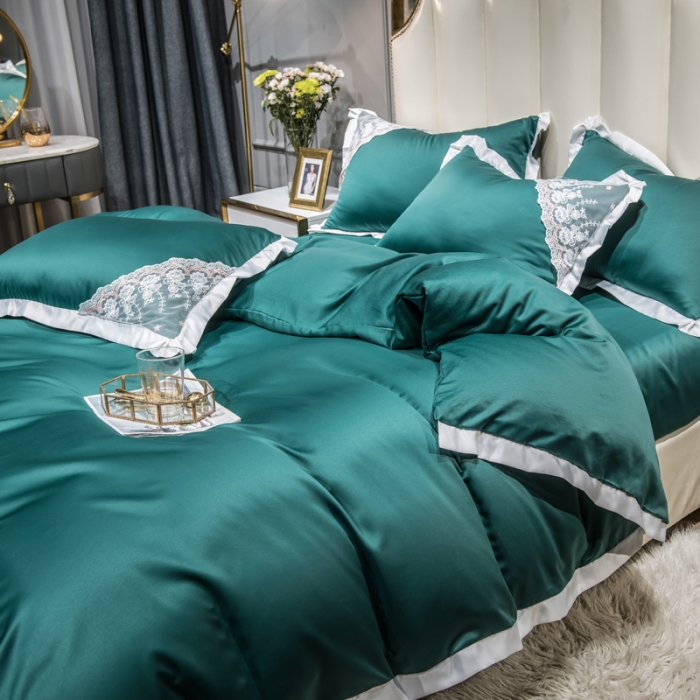 91家纺网 家纺一手货源 找家纺 绒世界 2021新款水洗真丝公主四件套 孔雀绿