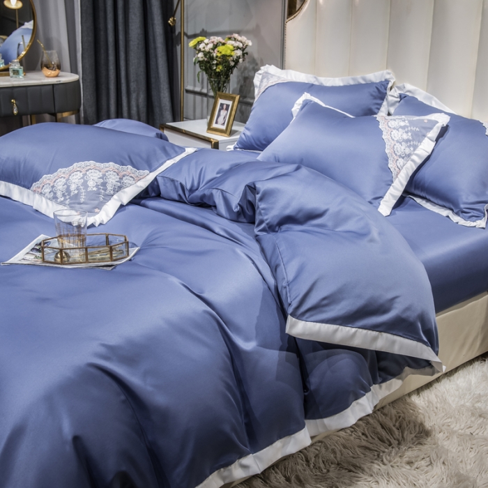 91家纺网 家纺一手货源 找家纺 绒世界 2021新款水洗真丝公主四件套 钻石蓝