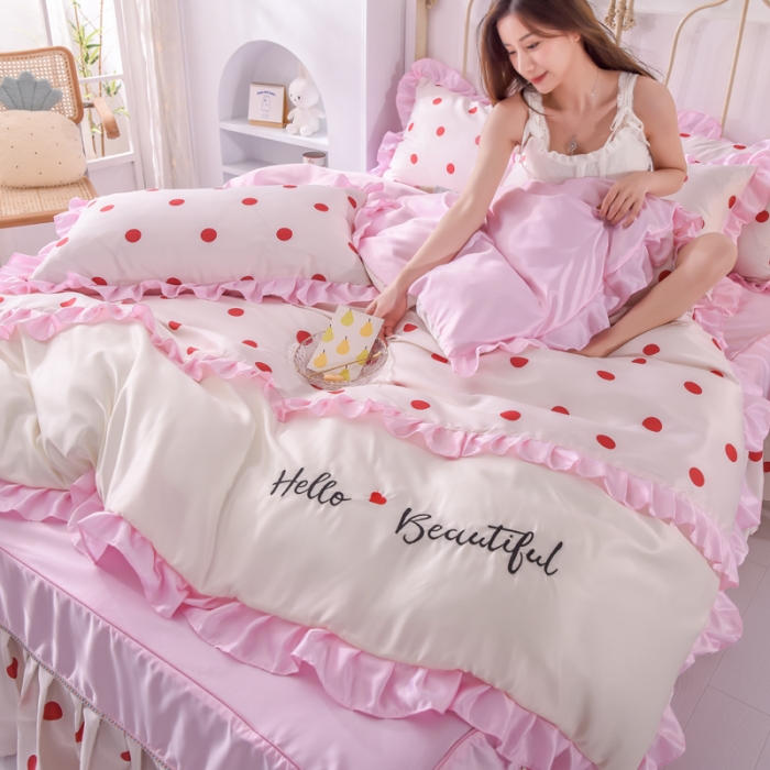 91家纺网 家纺一手货源 找家纺 绒世界 2021新款水洗真丝床裙款四件套 小圆点