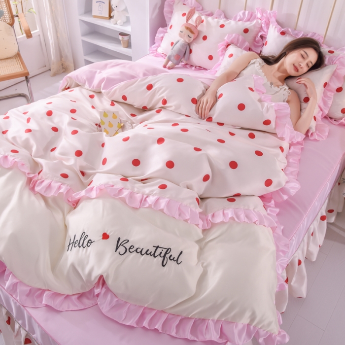 91家纺网 家纺一手货源 找家纺 绒世界 2021新款水洗真丝床裙款四件套 小圆点