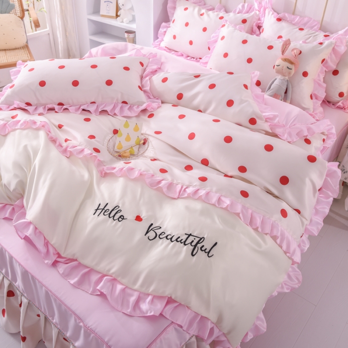 91家纺网 家纺一手货源 找家纺 绒世界 2021新款水洗真丝床裙款四件套 小圆点