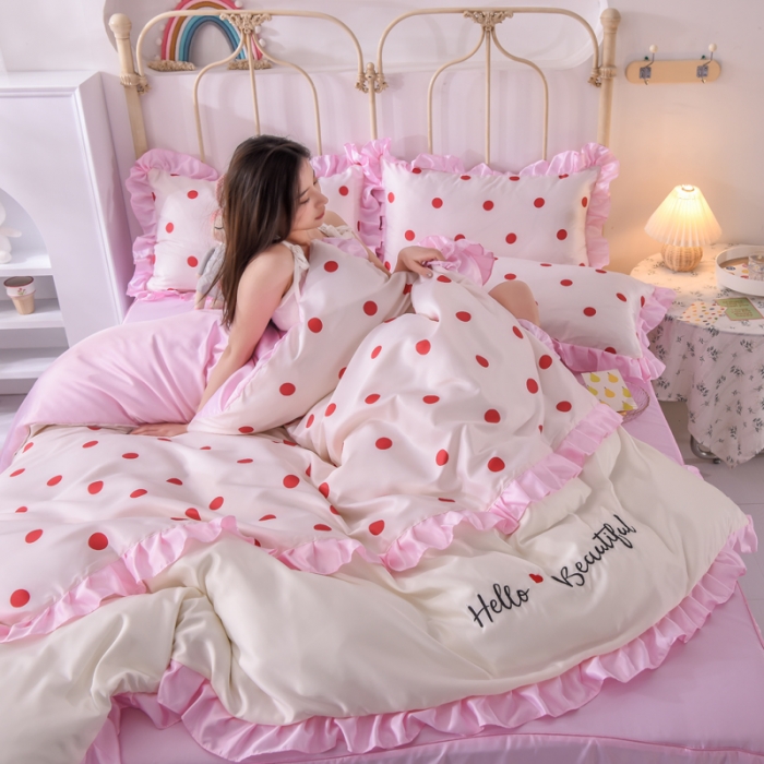 91家纺网 家纺一手货源 找家纺 绒世界 2021新款水洗真丝床裙款四件套 小圆点