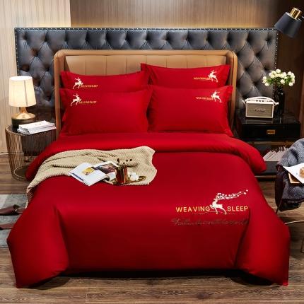 91家纺网 家纺一手货源 找家纺 U品汇春夏新品60s长绒棉绣花全棉刺绣四件套梅花鹿系列 大红